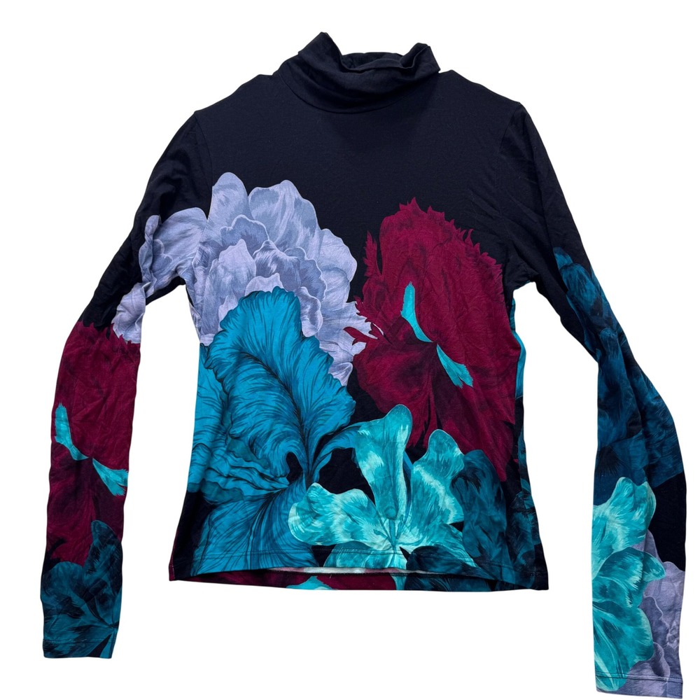 THE KIT. Mock Neck Top Women Large Black Floral Long Sleeve Bamboo Cotton Top